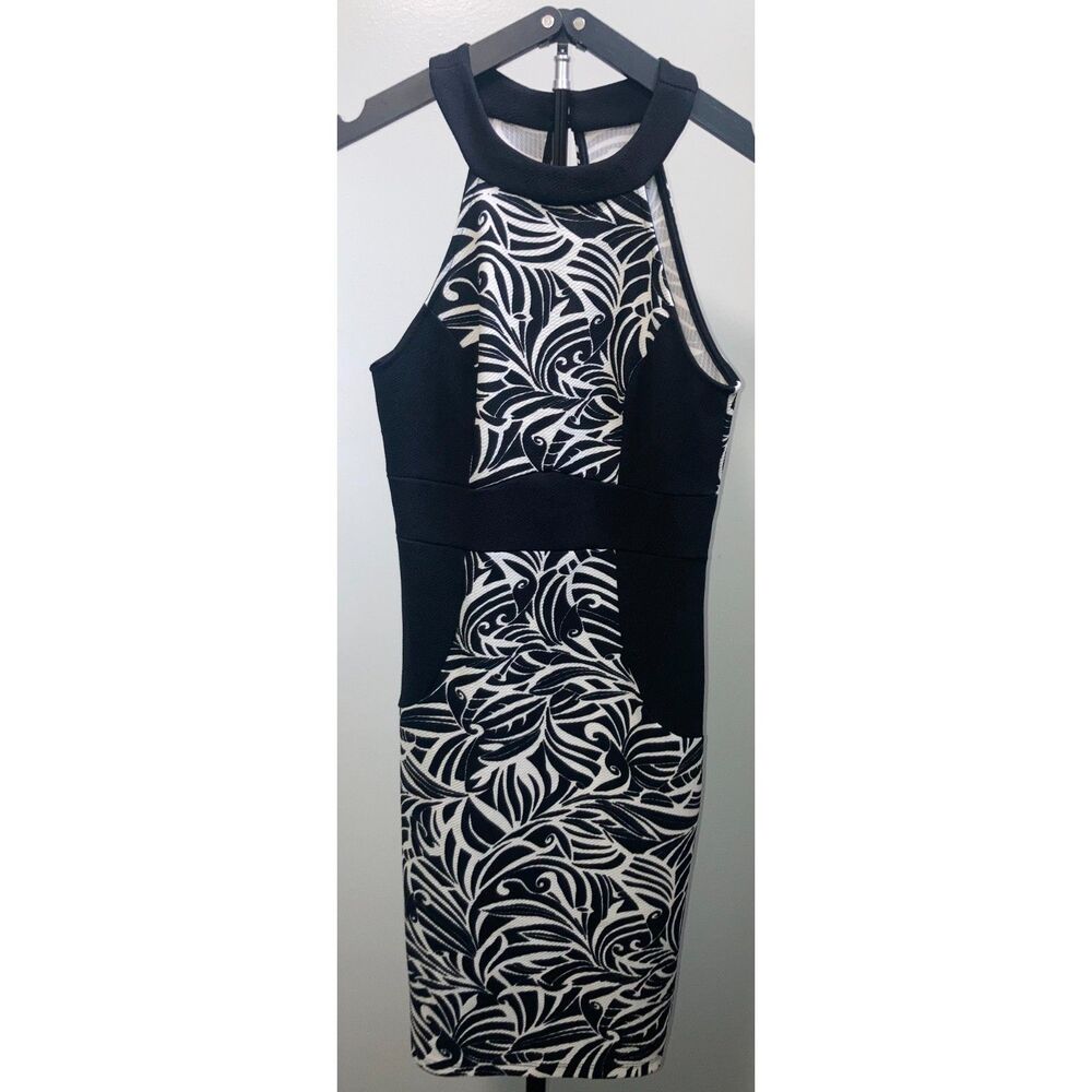 VTG Y2K Monaco USA Halter Dress Colorblock Tropical Print Geometric Bodycon Sz S
